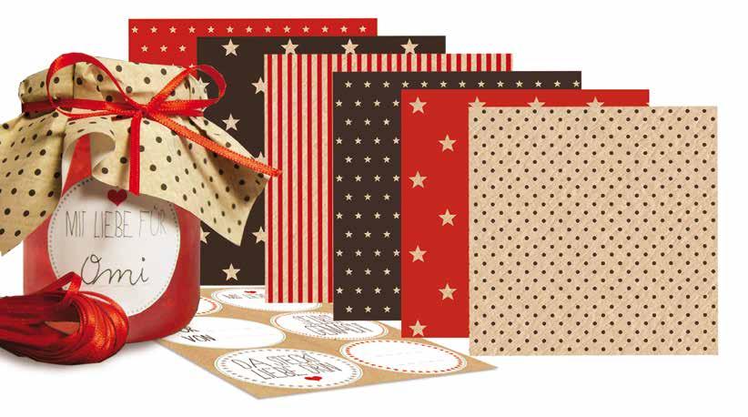 5,3 cm), rotes Satin-Band (3m x 3 mm), VE: 10 Sets, 300 Sets pro Karton 6 sheets of waxed tissue paper, 15 x 15 cm, 30 g/m 2, 6 designs, 6 stickers (Ø 5,3 cm), red satin ribbon (3 m x 3 mm), TU: