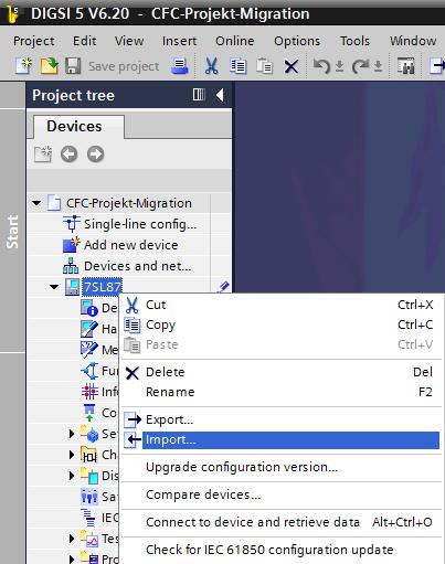 1.4 Import der DIGSI 4 CFC-Pläne in DIGSI 5 Um die CFC-Pläne in ein bestimmtes SIPROTEC 5 Gerät zu importieren, klicken Sie in der Projektnavigation mit der rechten Maustaste auf den Gerätenamen und