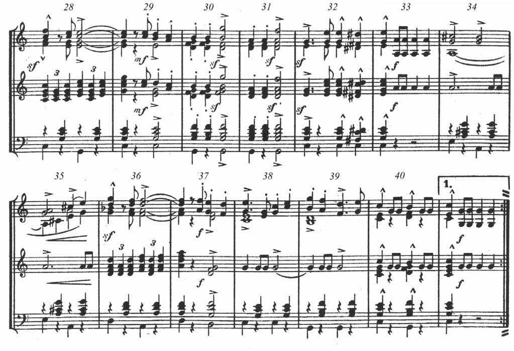 Melodielinie und ihre Ausharmonisierung ein. Die kurze Fanfarenstruktur übernehmen die Trompeten, vorerst unisono, in Takt 28/29 dreistimmig.