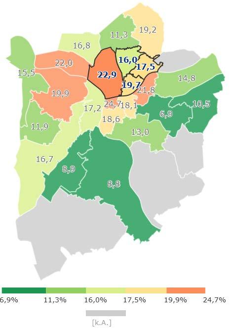 Karte 10: Versäumte Früherkennungsuntersuchung, in % Quelle: Stadt Mülheim an der Ruhr, eigene Darstellung Hilfen zur Erziehung Die Informationen über die Hilfen zur Erziehung beziehen sich auf den