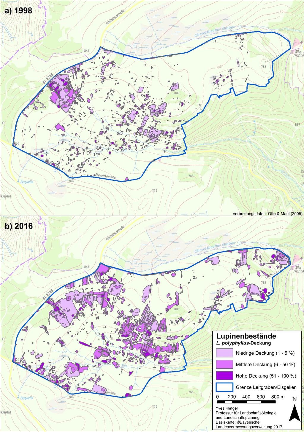 Abbildung 5: Karte der Lupinenverbreitungen im Gebiet Leitgraben/Elsgellen für die Jahre a) 1998 und b) 2016 mit den drei