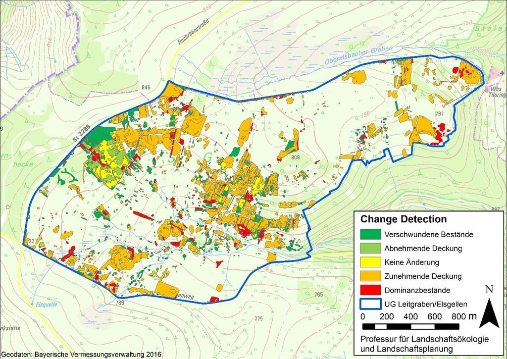 Abbildung 7: Karte der Änderung der Lupinenbestandsklassen zwischen den Jahren 1998 und 2016 im Gebiet Leitgraben/Elsgellen mit den fünf Änderungsklassen.