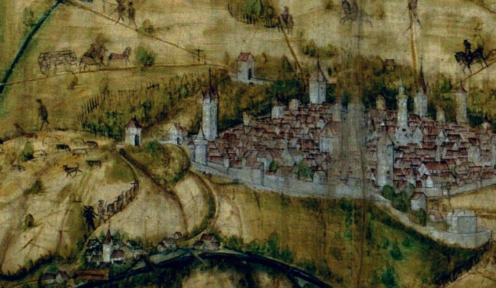 Stadtansicht 1537 (Wilhelm Ziegler). Ganz links der Äußere Klingen-Torturm.