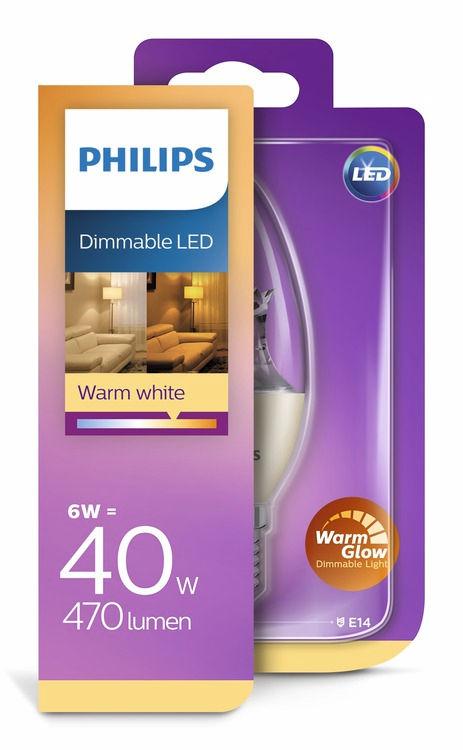 PHILIPS LED Kerzenlampe (dimmbar) 6 W (40 W) E14 WarmGlow dimmbar Das richtige Licht für jeden Moment Philips Kerzen mit einem warm leuchtenden Dimmen bieten