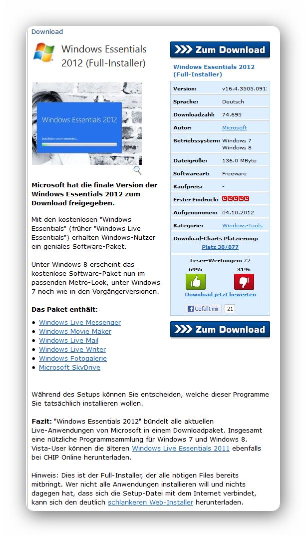 Windows Movie Maker Download mit Windows Essentials 2012 http://www.chip.
