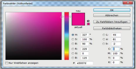 in Photoshop Bei Druckfarbmerkmale können Sie nun bei Farbe auf das für die Volltonfarbe. Tragen Sie hier bei CMYK folgende Werte ein: C: 0%, M: 100%, Y: 0%, K: 0%.