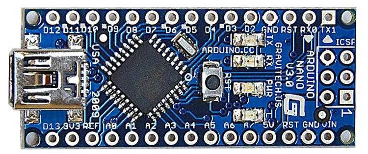 Arduino Nano 1 CPU Atmel ATmega328 11 digitale Eingänge D0 bis D13 GND Serielle Pins RX und TX USB- Anschluß