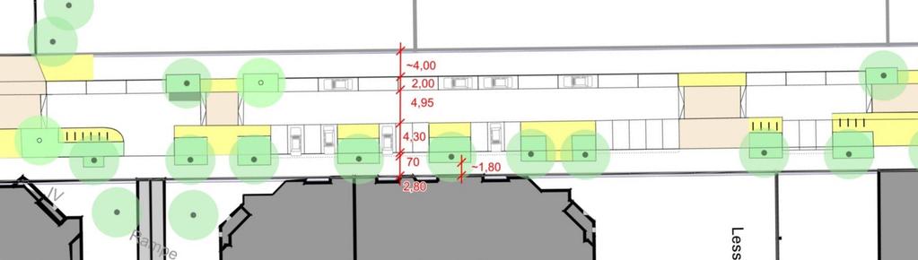 Senkrechtparken, Variante 03 Querungsbereiche werden aufgepflastert, alternativ Bordabsenkung mit Berliner Kissen Senkrechtparken (Überhang auf dem Seitenraum) in