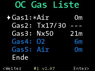 4.4. OC Gas-Setup Im OC Gas Setup können Sie die Zusammensetzung von bis zu fünf Gasen für das Gerätetauchen (OC) sowie die Bailout-Gase für das Rebreathertauchen eingeben.