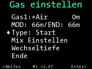 Gas einstellen Wählen Sie in der Gas-Liste ein Gas aus und drücken Sie ENTER, um das Gas einzustellen und weitere Details einzusehen.
