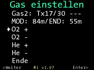 Deaktiviert Das Gas ist deaktiviert und wird nicht in die Dekompressionsberechnung einbezogen. Deaktivierte Gase werden auf dem Display abgeblendet dargestellt (in blauer Schrift). 4.4.1.2.