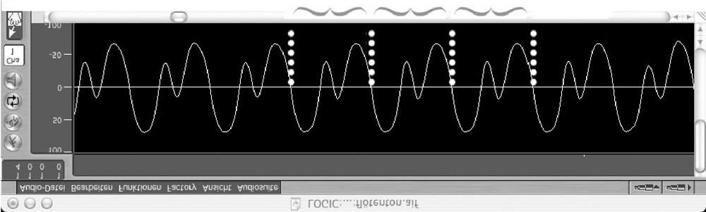 Hier ist ein Ausschnitt aus der Schwingung des Meeresrauschens gezeigt, im Musikprogramm am Computer sichtbar gemacht. 1 Danach hörst du einen Flötenton.