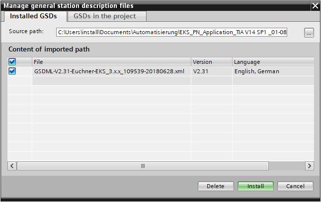 xml Die GSD-Dateien finden Sie auf www.euchner.de im Downloadbereich. Verwenden Sie immer die neueste GSD-Datei. Zum Installieren der GSD-Datei im TIA Portal V14 gehen Sie bitte wie folgt vor: 1.