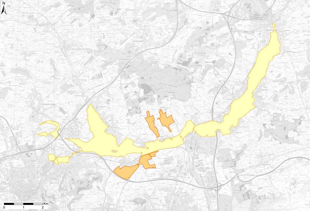 Abbildung 2: IBA-Vogelschutzgebiet und gleichzeitig bestehendes EU-Vogelschutzgebiet "Vallée supérieure de l'alzette" (gelb), Erweiterung des IBA-Vogelschutzgebietes (orange, mit Pfeilen
