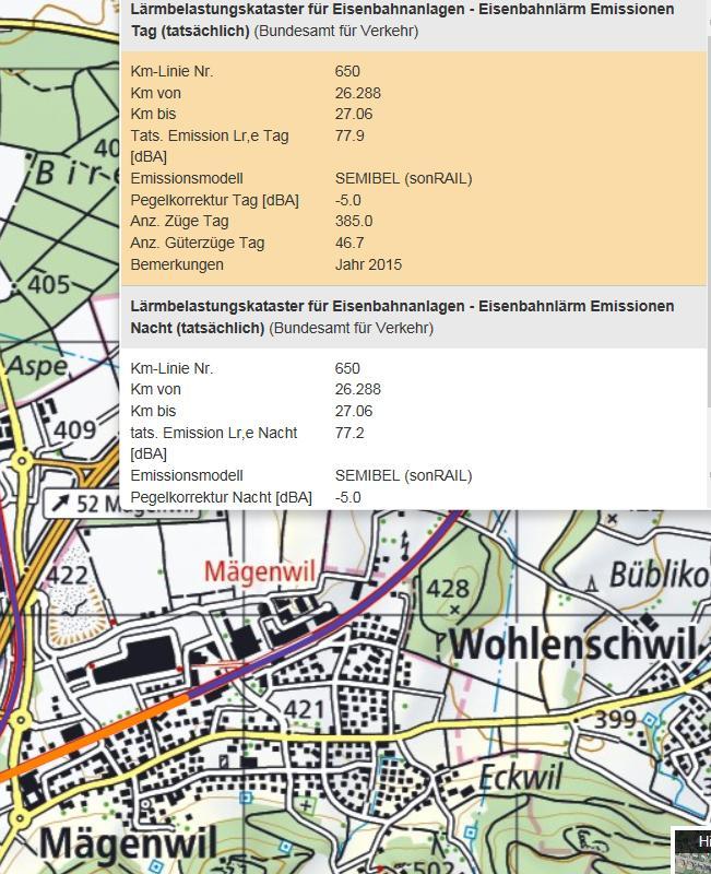 Lärm Betriebsphase. Auszug aus Lärmbelasungskataster Bundesamt für Verkehr (map.geo.admin.