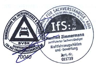 Personenzertifizierung DIN EN ISO/IEC 17024 Sachverständigenbüro Manfred Zimmermann Von IfS GmbH zertifizierter Sachverständiger für Kraftfahrzeugschäden und bewertung "von der FIEA und dem BVSK