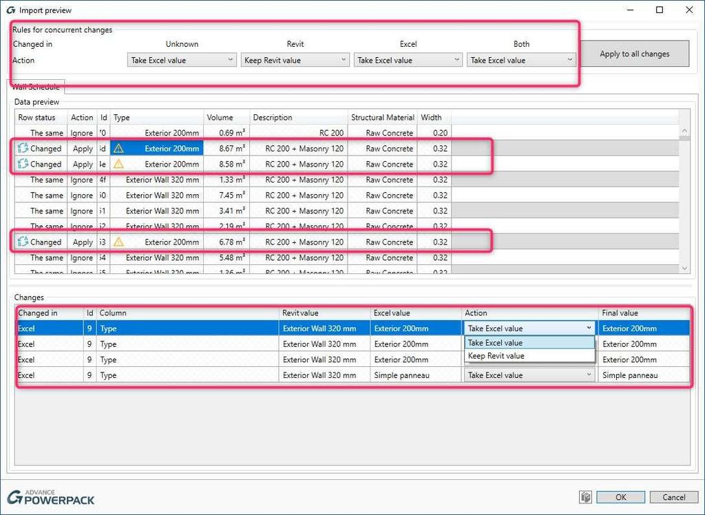 Nachdem Sie den Import Button gedrückt haben, öffnet sich die Dialogbox Import Vorschau mit mehreren Optionen für die Bearbeitung der Daten und Aktionen, die ausgehführt werden können (z.b. ob der Anwender die Änderungen aus Excel oder Revit oder aus beidem behalten möchte).