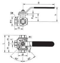 Dreiwege-Kugelhähne mit vollem Durchgang sowie ISO-Aufbauflansch nach DIN 5211 Gruppe L011.