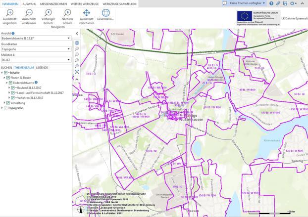html Webkarte: Bodenrichtwerte Daneben werden im Geoportal eine Webkarte für den Grundstücksmarkt sowie weitere Webkarten mit verschiedenen Themen: