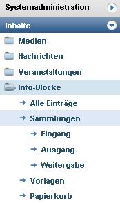 Rechts neben Navigation erscheint die Liste "Infoblock- Sammlung - Alle Einträge", in dem alle bisher eingestellte Sammlungen von Infoblöcken zu sehen sind.
