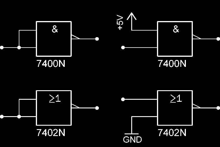 Für Zeile 3 wird Eingang B auf konstant 0 gelegt. Somit ergibt sich für das NOT-Gatter aus NAND- oder NOR-Gattern folgende Symbole: 2.