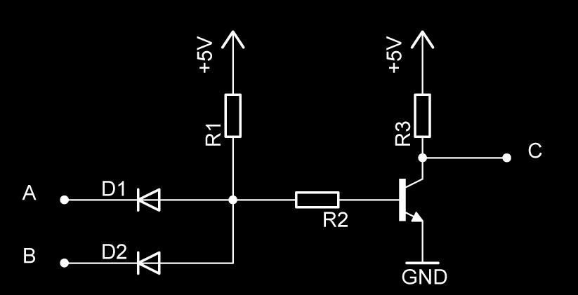 Der Widerstand des Transistors ist nun so hoch, dass fast die gesamte Spannung nun an ihm abfällt. B hat nun das Potential 1.