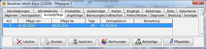 4.1.3. Reiter Kurzzeitpflege In diesem Reiter werden alle Kurzzeit- oder Verhinderungspflegezeiträume eingetragen.