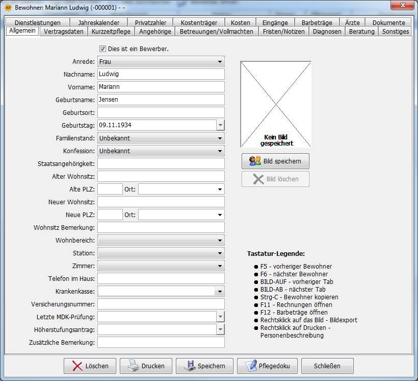 Der Bewohner kann vollständig angelegt werden, wobei die Checkbox Dies ist ein Bewerber automatisch ausgefüllt ist.