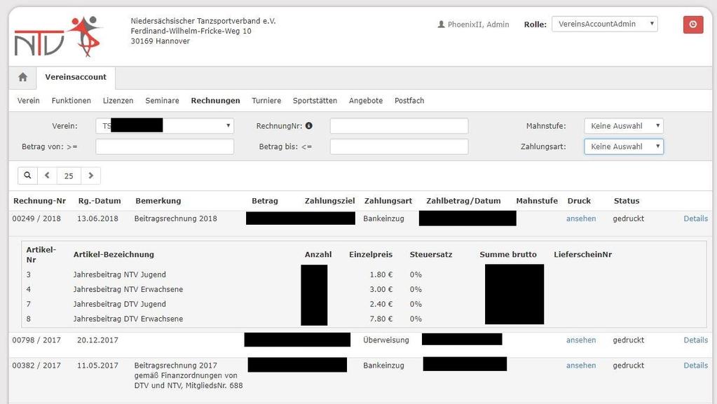 4.6 Anzeige von Rechnungen Unter diesem Menüpunkt kann der Verein alle Rechnungen als Übersicht und im Detail einsehen.