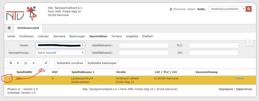 Abbildung 19: VereinsAccount > Sportstätten > nach Zuweisung > Bearbeiten der