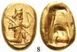 Stilisierter Zeuskopf mit Lorbeerkranz r. / Stilisiertes Pferd umgeben von Ornamenten r. Gold. Scheers 268ff. ss+ 2.