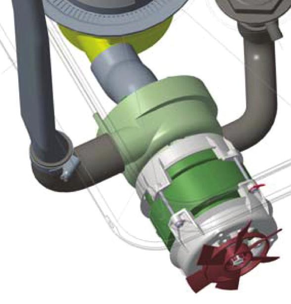 Spülsystem mit Doppelströmungs-Pumpe Eine herkömmliche Pumpe besitzt einen Einlass (vom Tank) und einen Auslass zu den zwei Spülarmen: der Wasserfluss muss durch eine T- oder