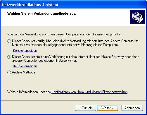 Der Netzwerkinstallations-Assistent Die Konfiguration der XP Rechner läßt sich über Handarbeit oder über einen Assistenten erledigen. Hier möchte ich den Netzwerkinstallations-Assistenten bemühen.