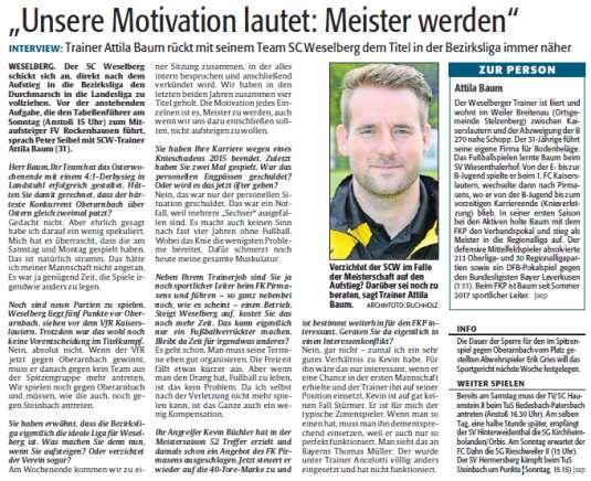 Was schreibt die Presse? (Quelle Rheinpfalz) Unsere Motivation lautet: Meister werden WESELBERG.