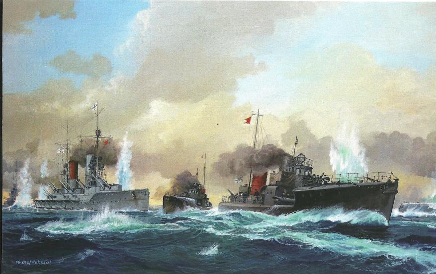 Skagerrakschlacht Backfischessen mit Kartoffelsalat Das Bild zeigt deutsche Torpedoboote während des Angriffs auf die Home Fleet der Royal Navy.