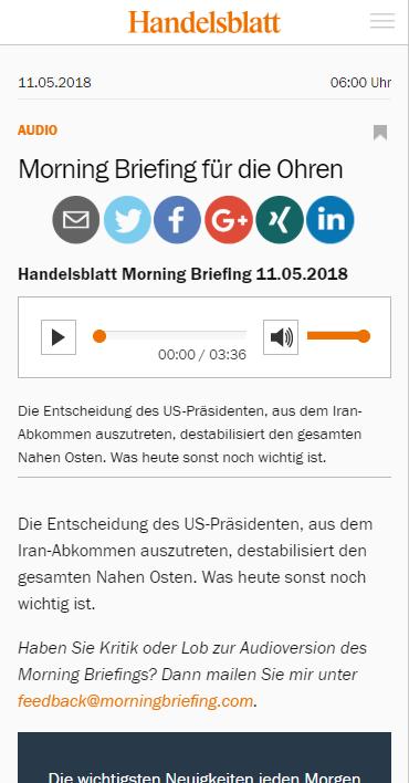 MORNING BRIEFING Der Handelsblatt Morning Briefing Podcast Erscheint börsentäglich AUF EINEN BLICK Durchschnittlich 30.