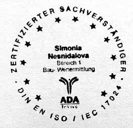 -Bauingenieurin Simonia Nesnidal ist unter anderem zertifiziert nach DIN EN /ISO 17024 als Sachverständige für den Bereich Bau-Wertermittlung.