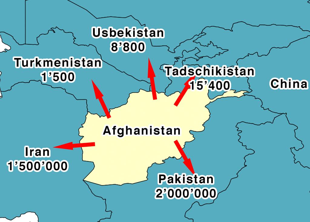 Wohin fliehen Flüchtlinge?. Afghanische Flüchtlinge: Pakistan, Iran, Indien, einige Länder im Westen.