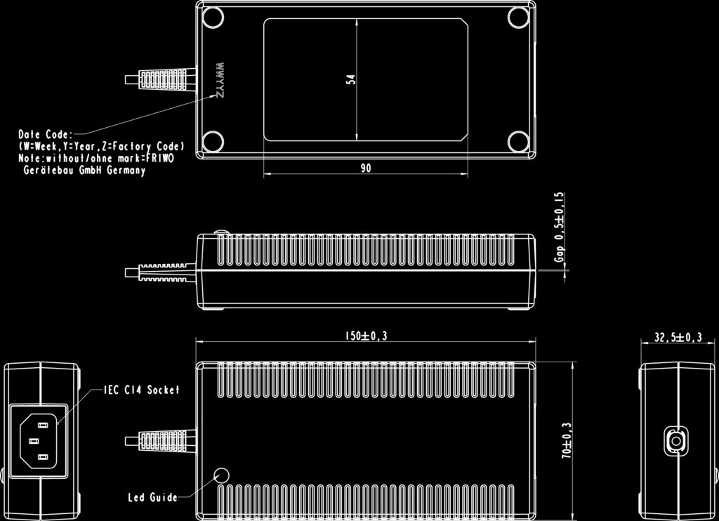 1 Gehäuse / Housing: Gehäusetyp / housing-typ: DT100 Material: PC / ABS V0 125 C Farbe Boden/ bottom colour: schwarz / black