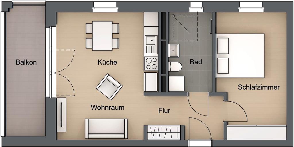 Typ 1.1 2-Raumwohnung: ca. 51,7 m² Wohnraum: ca. 21,4 m² Schlafen: ca. 14,3 m² Flur: ca.