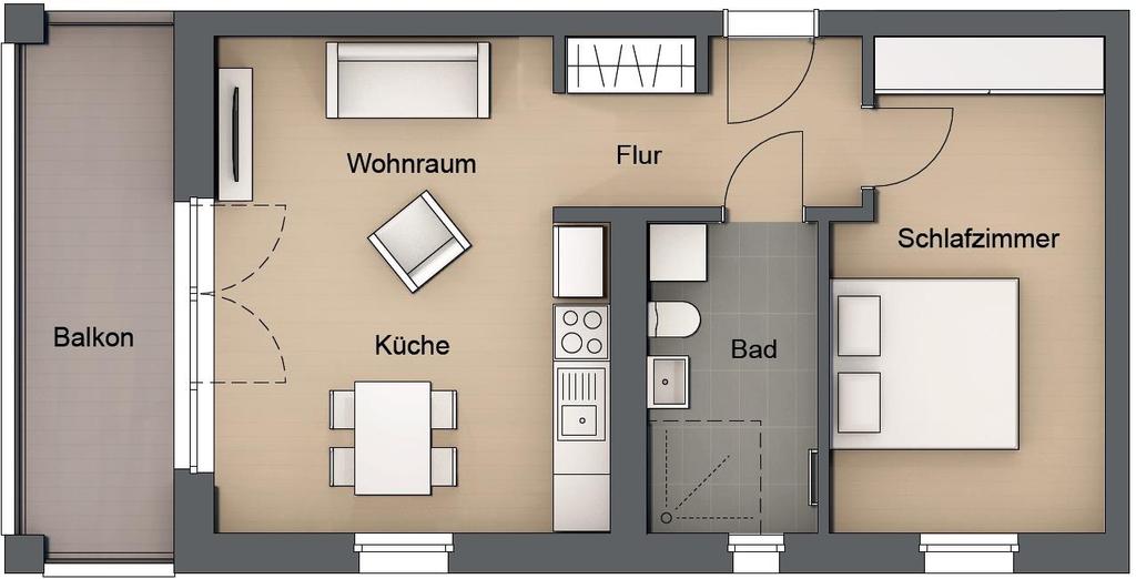 Typ 1.2 2-Raumwohnung: ca. 52,0 m² Wohnraum: ca.