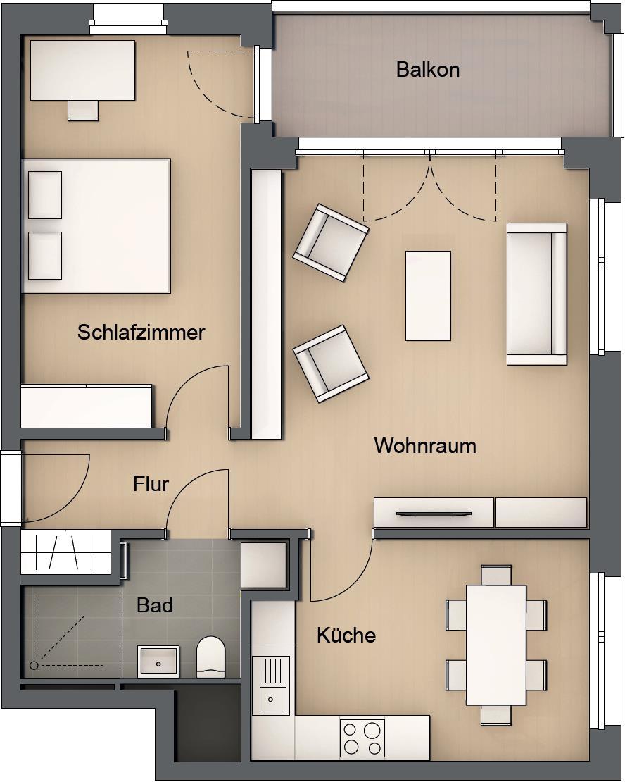 Typ 2.1 2-Raumwohnung: ca. 64,5 m² Wohnraum: ca. 22,6 m² Küche: ca. 12,9 m² Schlafen: ca.