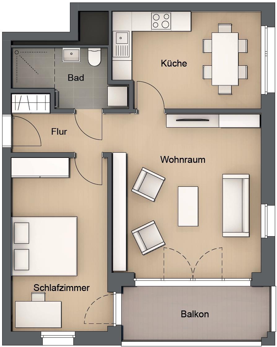 Typ 2.2 2-Raumwohnung: ca. 64,5 m² Wohnraum: ca.