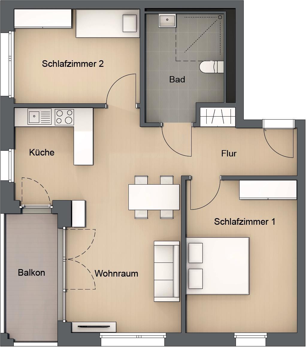 Typ 4 3-Raumwohnung: ca. 75,9 m² Wohnraum: ca. 29,6 m² Schlafen 1: ca. 16,8 m² Schlafen 2: ca. 11,8 m² Flur: ca.