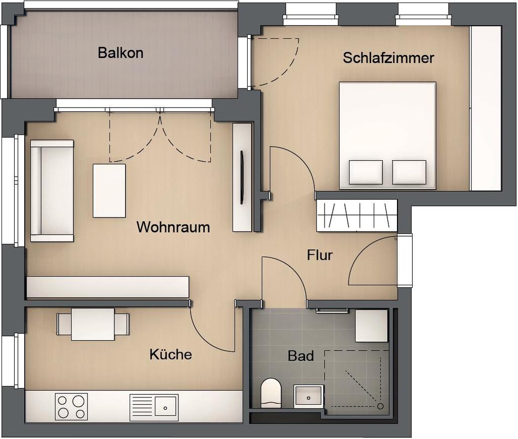 Typ 5.1 2-Raumwohnung: ca. 51,4 m² Wohnraum: ca.