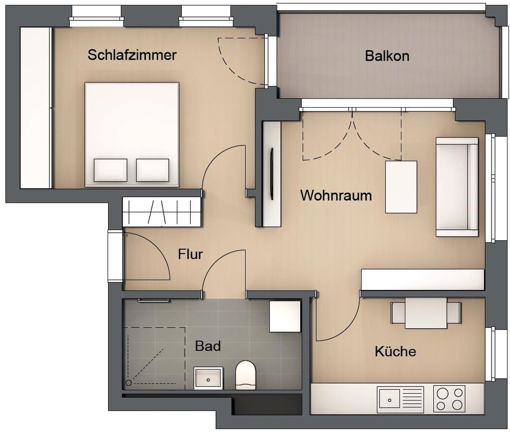 Typ 5.2 2-Raumwohnung: ca. 50,4 m² Wohnraum: ca. 14,3 m² Küche: ca. 7,7 m² Schlafen: ca.