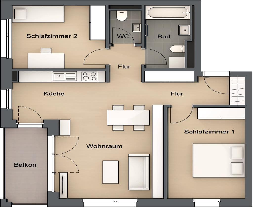 Typ 7 3-Raumwohnung: ca. 76,0 m² Wohnraum: ca. 20,6 m² Küche: ca. 9,2 m² Schlafen 1: ca. 11,9 m² Schlafen 2: ca.