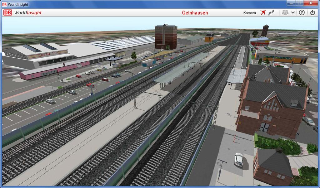 Visualisierung Bahnhof Gelnhausen Variante schnelle Gleise innen (Vogelperspektive) Hinweis: Die Darstellungen zeigen erste Visualisierungsentwürfe.