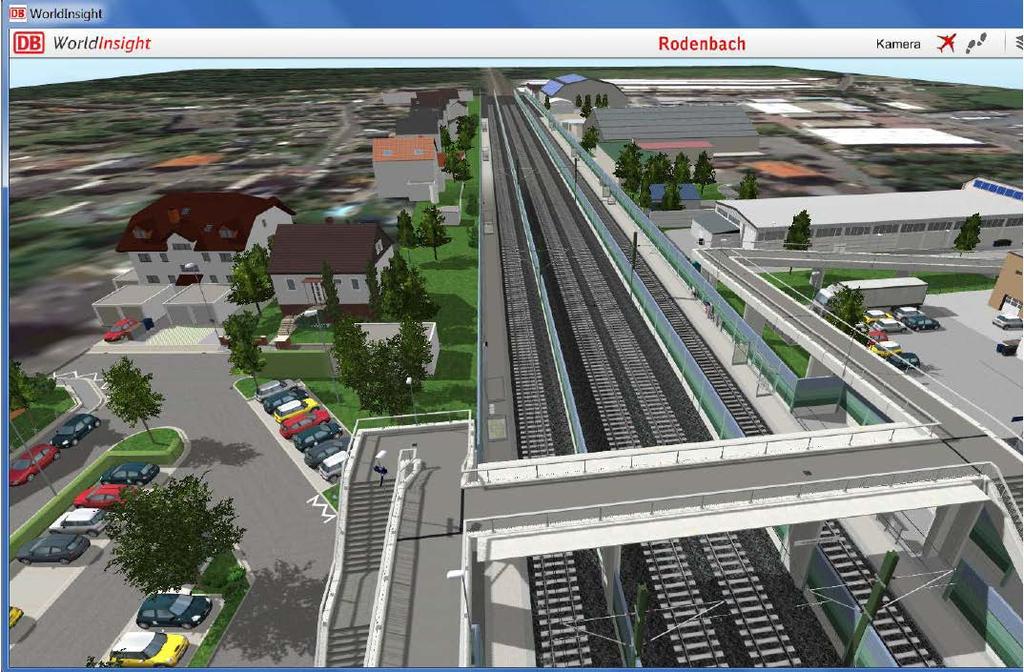 Visualisierung Bahnhof Rodenbach Variante schnelle Gleise innen mit Mittellärmschutzwand (Vogelperspektive) Hinweis: Die Darstellungen zeigen erste