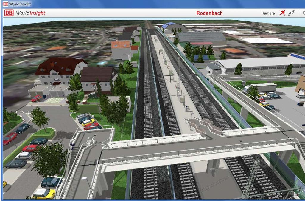 Visualisierung Bahnhof Rodenbach Variante schnelle Gleise außen mit Mittellärmschutzwand (Vogelperspektive) Hinweis: Die Darstellungen zeigen erste